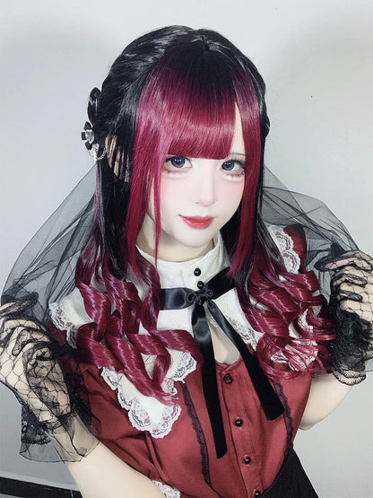 Red 68CM Ombre with Full Bangs Black Wig Straight