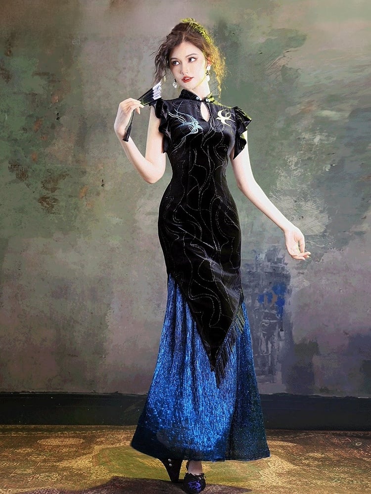 Chinese Black Blue Shimmer Velvet Long Qipao Swallow Embroidery - sijinstudio