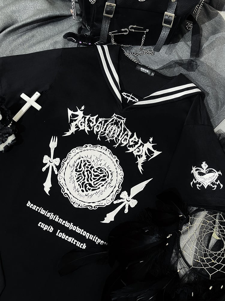 with Gothic Black Jirai Collar Sailor Kei Print T-Shirt