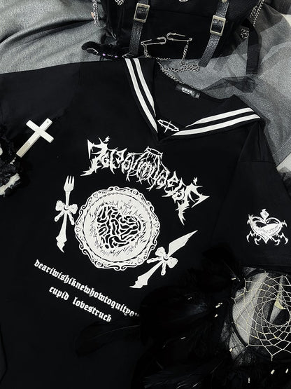 with Gothic Black Jirai Collar Sailor Kei Print T-Shirt