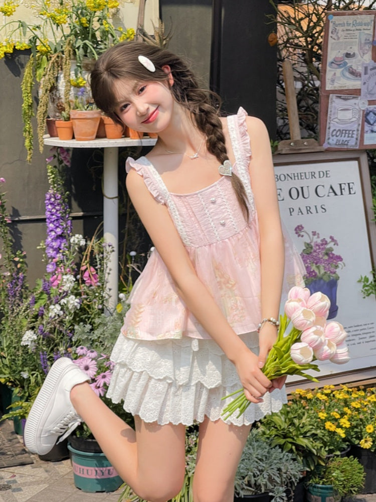 Flutter Bear Print Sleeveless Top Sweet Pink Sleeves Cartoon