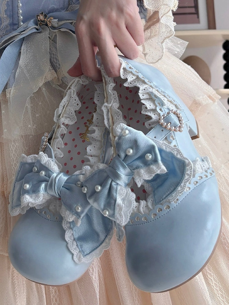 Blue Sweet Trim Mary Mid-Heel Lolita with - Style Lace Party Janes Tea