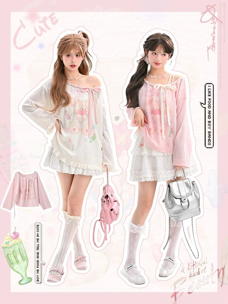 Pink/White Asymmetrical Neckline Drawstring Waist Teddy Bear Top