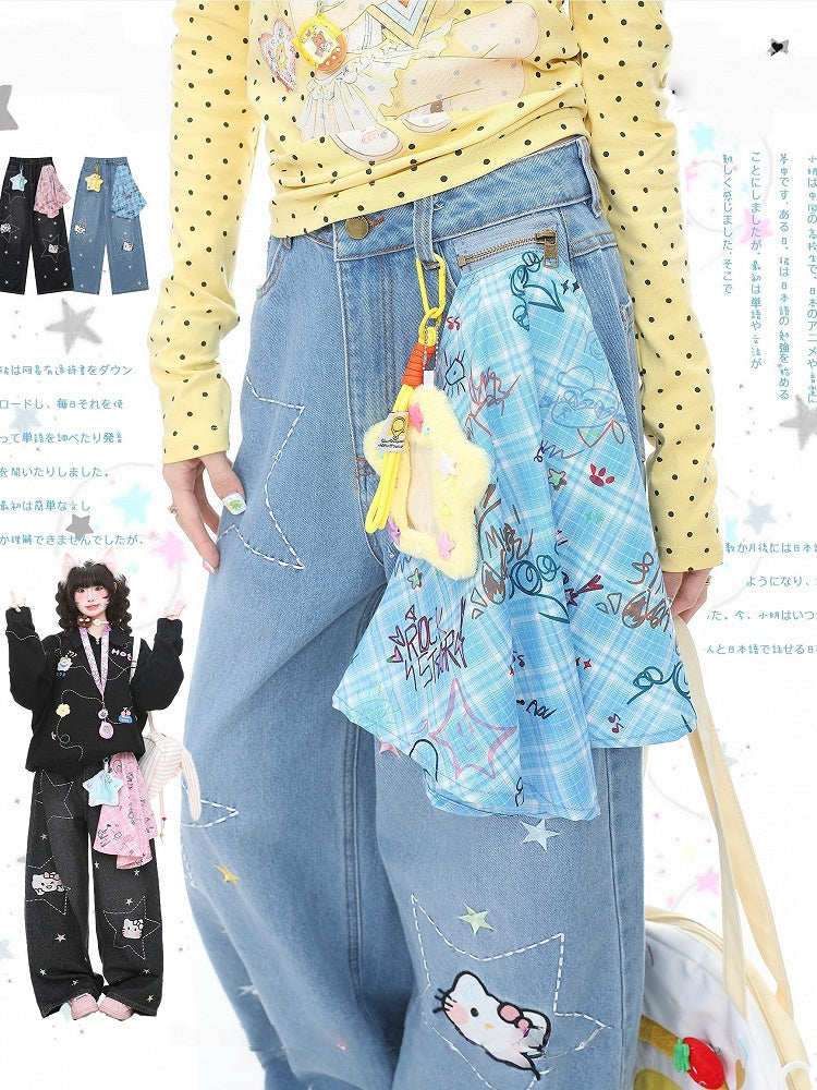 Kawaii Blue Star Jeans with Kitty Embroidery and Plaid Bandana Accent - Languid Park