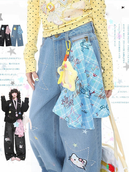 Kawaii Blue Star Jeans with Kitty Embroidery and Plaid Bandana Accent - Languid Park