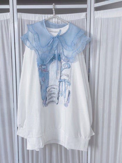 Tenshi Core Jirai Kei Light Blue Printed Sweatshirt Dress with Detachable Organza Faux Collar