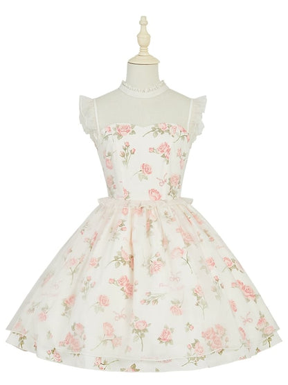 Kleid Rosa Print Rosette Weiß Illusion Lolita Sommer Ausschnitt