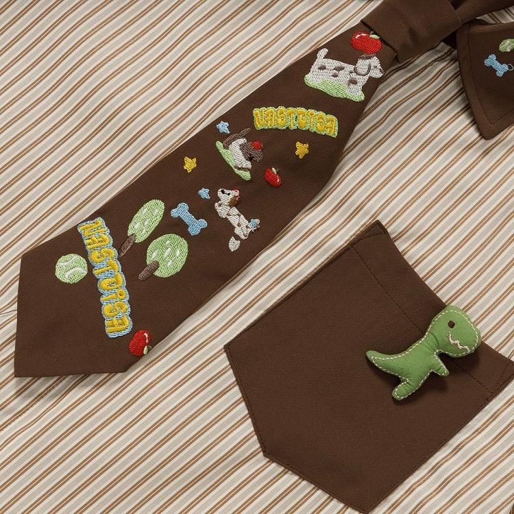 Apricot Striped Puppy Embroidered Tie Shirt - Languid Park