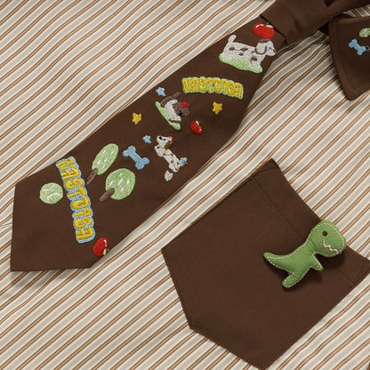 Apricot Striped Puppy Embroidered Tie Shirt - Languid Park
