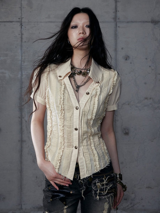 Punk Sleeve Short Pintuck Distressed Wasteland Blouse Pleats with Light Khaki V-Neck Hem