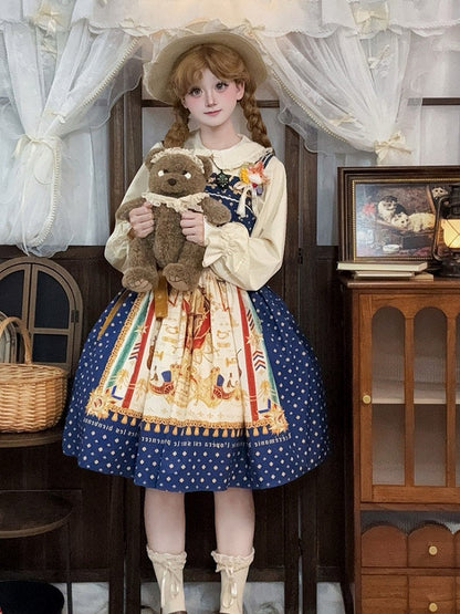 Dark Blue Musical Print Elegant Lolita Jumper Skirt - Crucis Universal Tailor Company