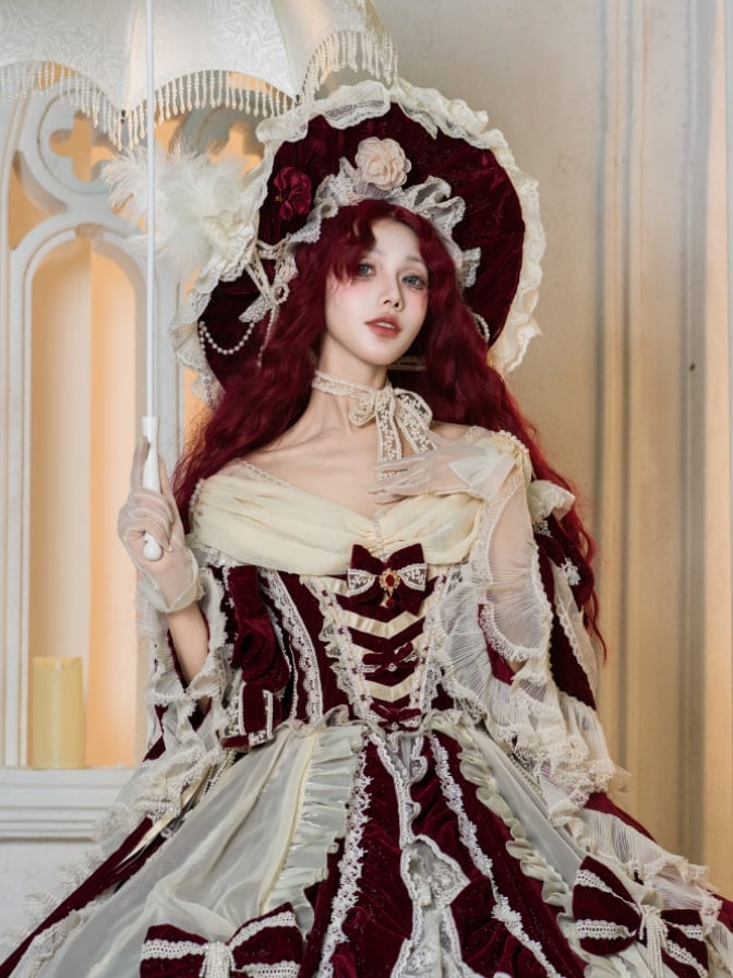 Hanayome Set Shimmering OP High-low and Velvet Lolita Gorgeous Full Dress White Red