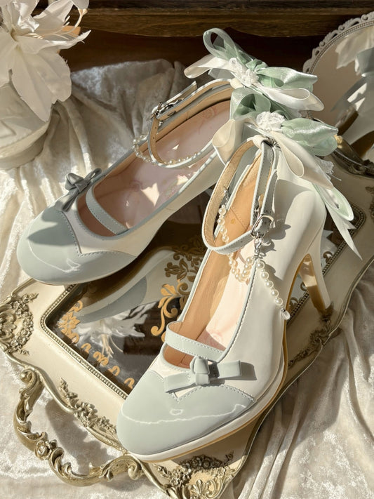 Green for Chain Lolita and with Charm Lace Back Beaded Elegant White Mid/High Trim Detachable Heels Bow Accent