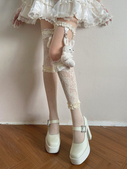 Beige Sweet Sheer Star Tights + Lace Overknee Stockings + Plush Bunny Leg Ring Set - Ms. Sox