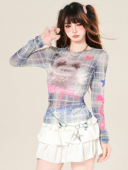 Blaues und glamouröses Top mit Druckmuster, langen Ärmeln, Buchstaben-Plaid-Puppe