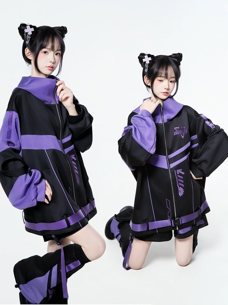 Black Hoodie Details Purple Futuristic - Landmine Techwear Embroidered Jacket with