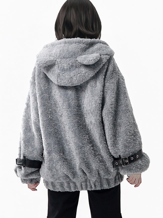 Hooded Pompon Ear Charm Jacket - Grey Plush Kitty