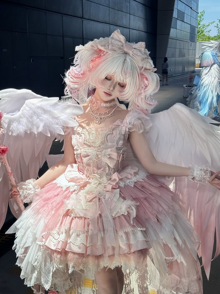 Pink Swan Feather Accented Lolita JSK Dress Set - Felinae Cookie