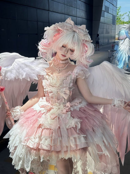 Pink Swan Feather Accented Lolita JSK Dress Set - Felinae Cookie
