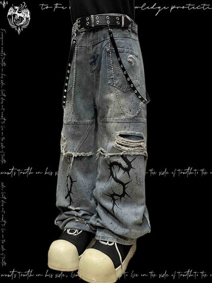 and Jeans with Holes Print Wasteland Blue Distressed Y2K Straight-Leg Graphic