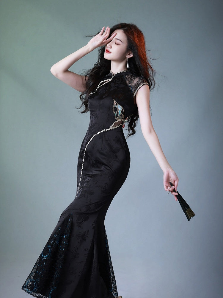 Butterfly Theme Classic Cheongsam Long Dress with Embroidered Fish Tail - sijinstudio