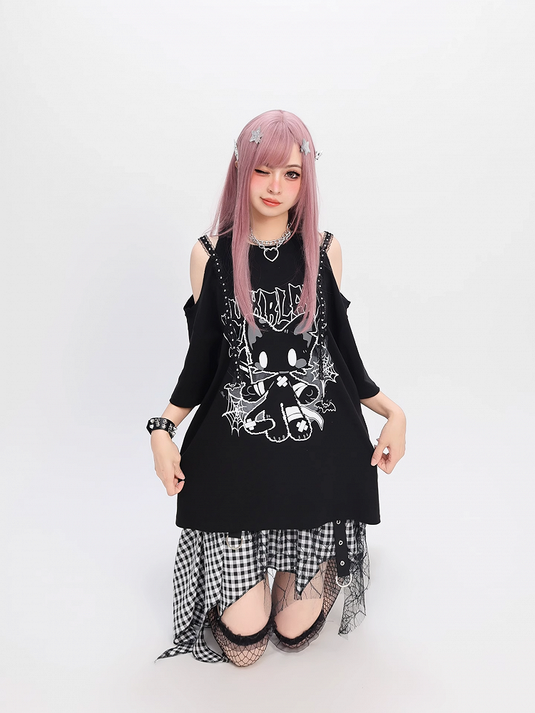 猫プリント ルーズTシャツ Y2K ブラック カットアウトショルダー ビタースイート