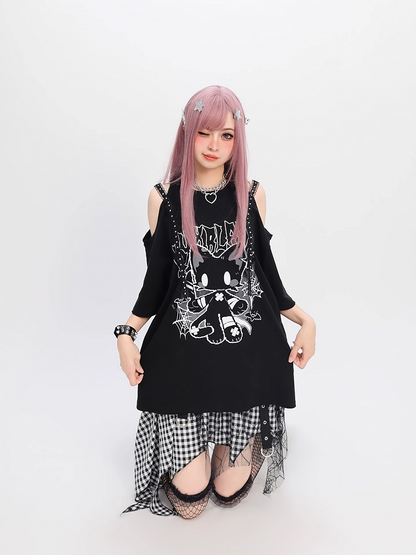 猫プリント ルーズTシャツ Y2K ブラック カットアウトショルダー ビタースイート
