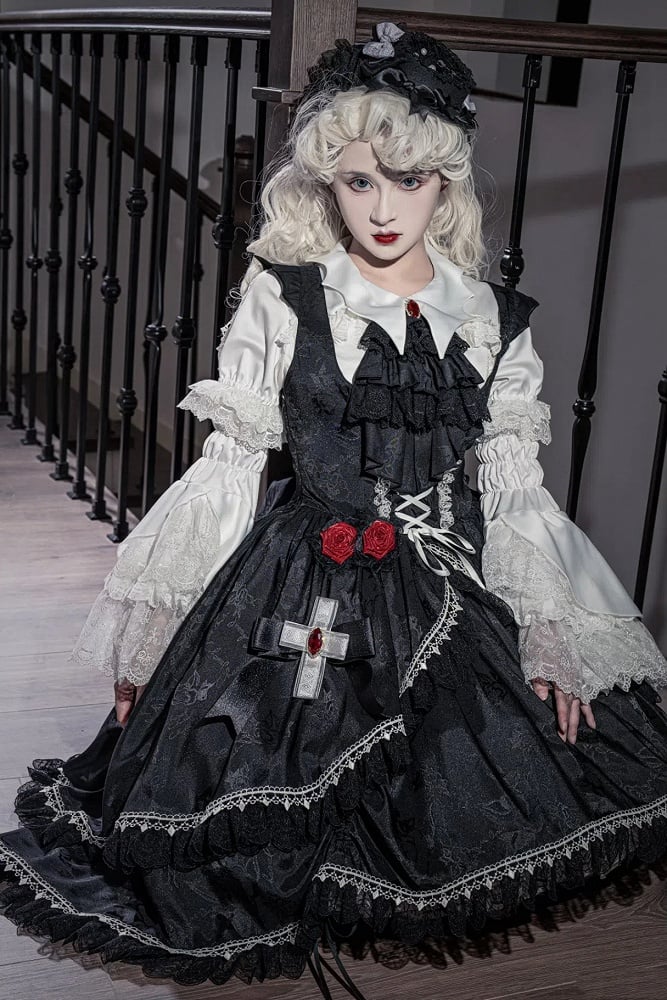 Schwarzes, schulterfreies, hochgeschlossenes Fledermaus-Gothic-Flügelkleid mit Lolita-Rock
