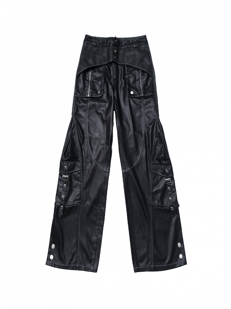 Black PU Punk Cargo Pants With Adjustable Metal Straps