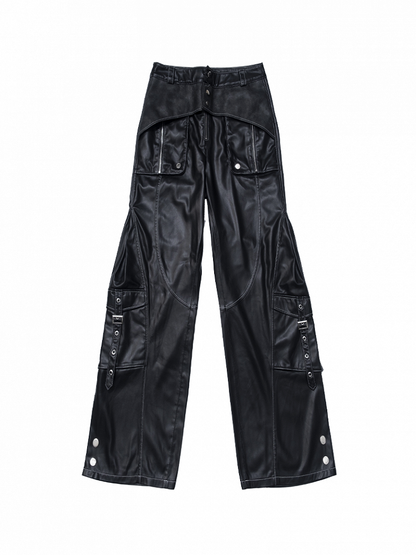 Black PU Punk Cargo Pants With Adjustable Metal Straps