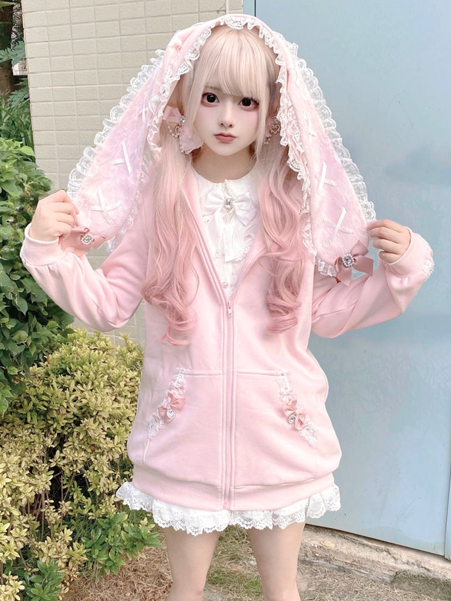 Style Hoodie Bow Zip-up Lace Jirai | Light with Pink Ears Kei Details and Bunny