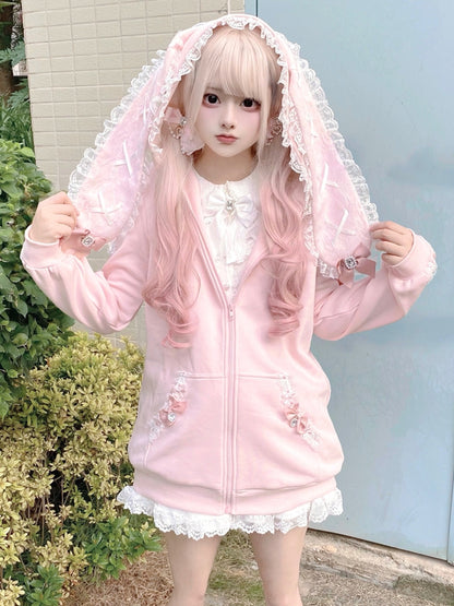 Style Hoodie Bow Zip-up Lace Jirai | Light with Pink Ears Kei Details and Bunny
