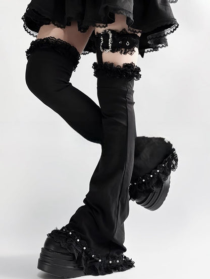 Flared Loop White in Black/Black Buckle Leg Lace Trim Adjustable Kei Jirai Warmers with