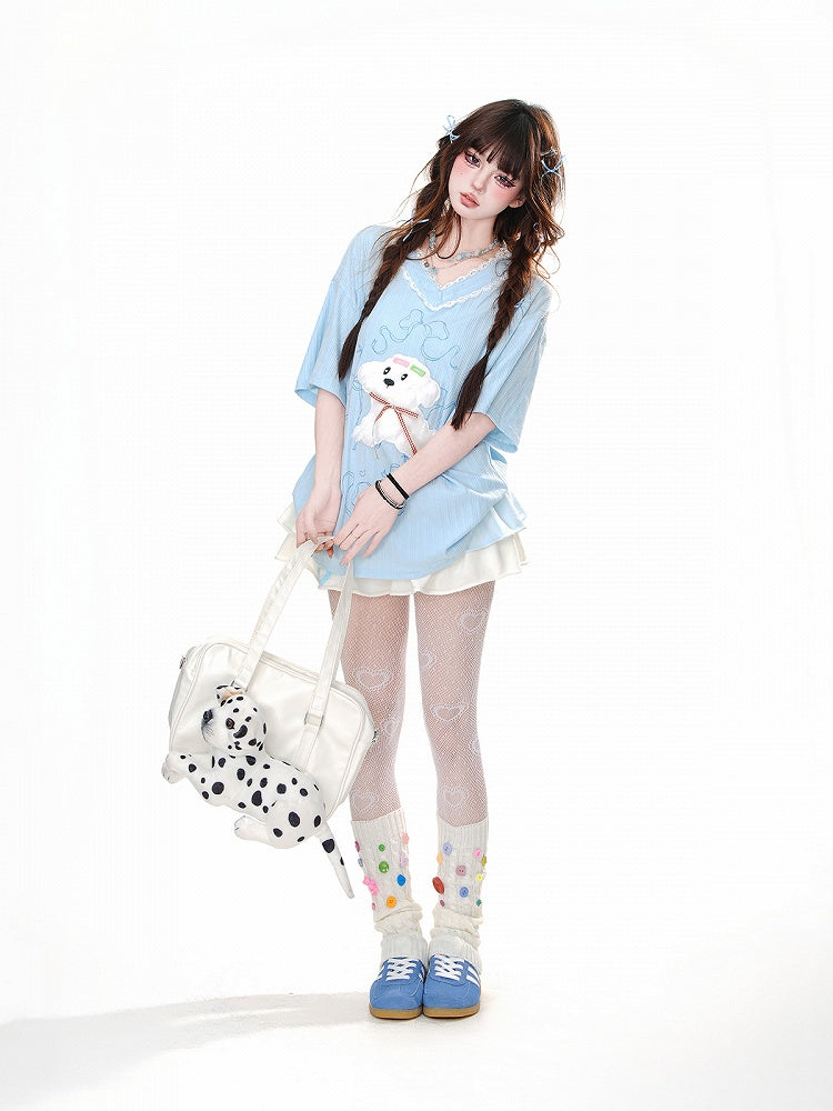 Loose Yume Adorable Puppy Pattern White/Blue T-Shirt Kawaii