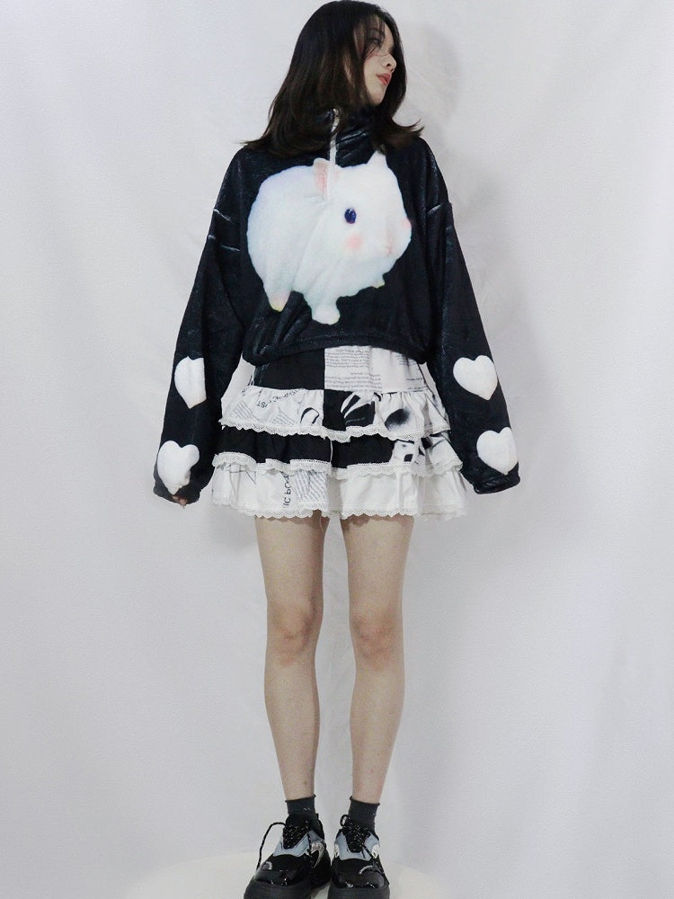 スカートとレース付きギャルファッションティアードホワイト/ピンクブラックトリムプリントスパイダーレター