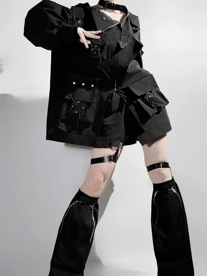 Black Shorts Techwear Jacket Leg + Open Outfit Windbreaker Shoulders Futuristic Warmers -