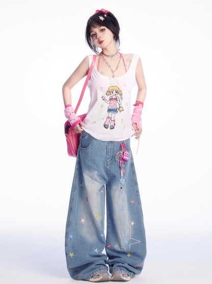 Tank Top Manga Girl Print Weiß Locker