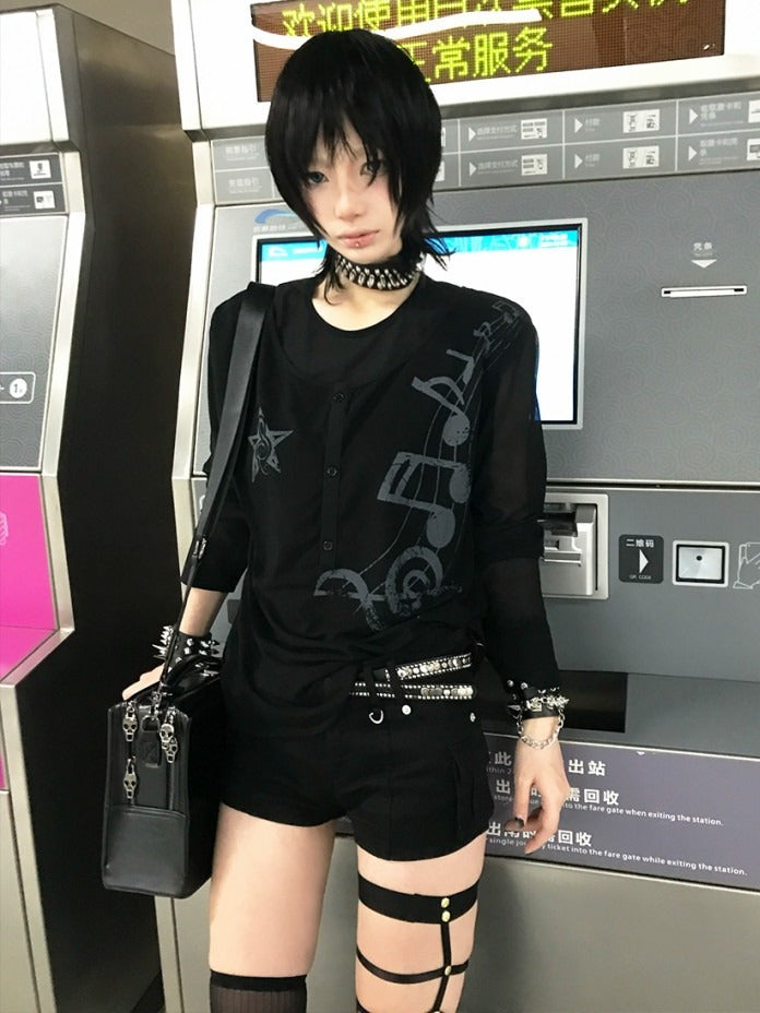 Unisex Black Mesh Long Sleeve Tee with Music Graphics - DETW OnLine