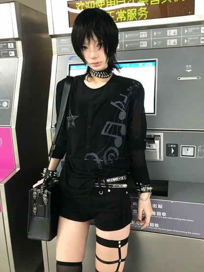 Unisex Black Mesh Long Sleeve Tee with Music Graphics - DETW OnLine