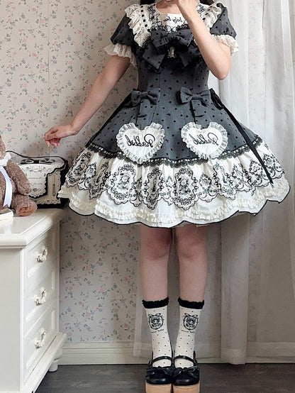 Gray Dot Sweet Lace-Trimmed Pattern Rabbit Dress Appliques with Polka Lolita Sweetheart