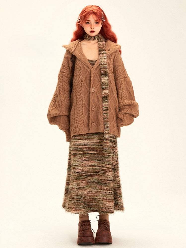 Matching Pink Scarf Dress Winter Fall Knit Slip for with Green Striped