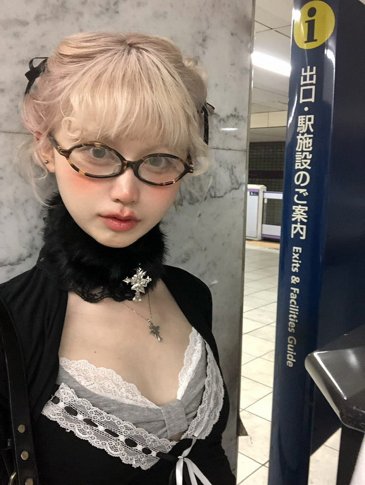 Choker with Trim and Lace Black Cross Plush Charm