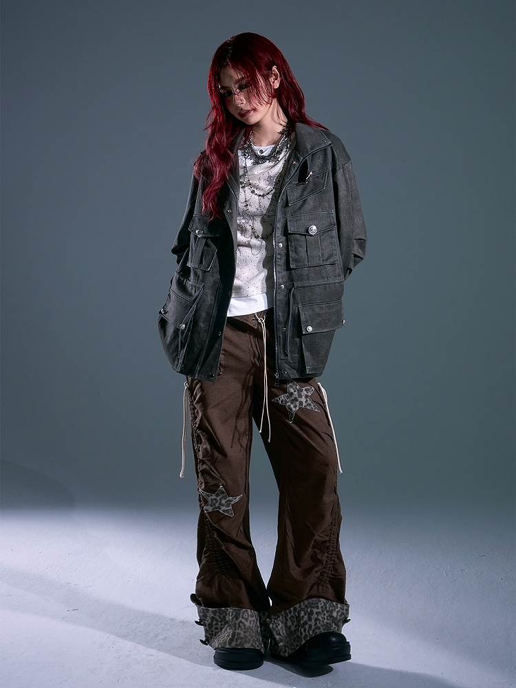 Closure Waist Zip Drawstring - Accent Punk Cargo Jacket Gray Buckled