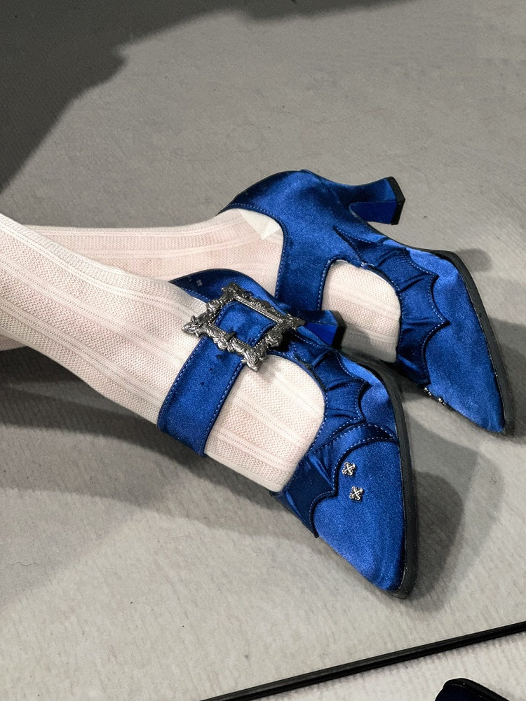 Satin Klein Blue 6.5CM Pointed Toe Heels with Bat Wing and Square Buckle Gothic Accents - NRose