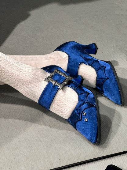 Satin Klein Blue 6.5CM Pointed Toe Heels with Bat Wing and Square Buckle Gothic Accents - NRose