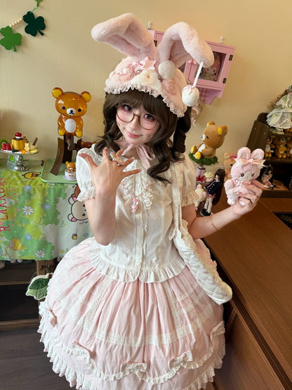 Pink & White Lace-Trimmed Skirt with Bow Accents - Hana Studio