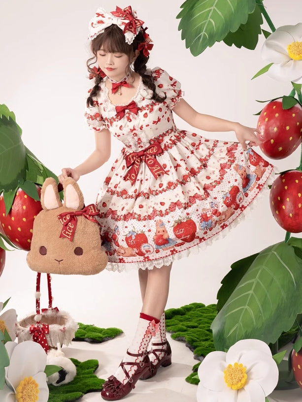 Frühlings-Erdbeer- und Kaninchen-Print, Spitzenbesatz, Schleife, Akzente, Beige, süßes Lolita-Kleid, einteilig