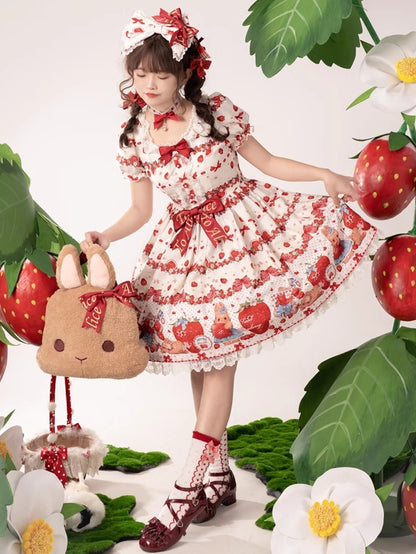 Frühlings-Erdbeer- und Kaninchen-Print, Spitzenbesatz, Schleife, Akzente, Beige, süßes Lolita-Kleid, einteilig