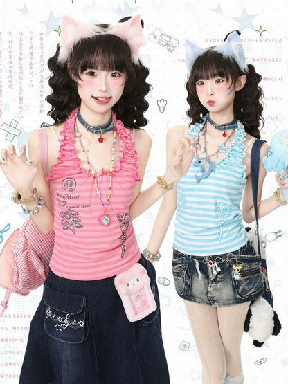 Pink Striped Tank Top with Ruffle Trim and Key Print - Languid Park