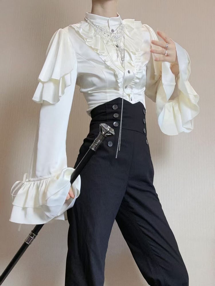 Blouse Ouji Lolita White Shoulder Aristocrat with Cascading Panels Ruffle